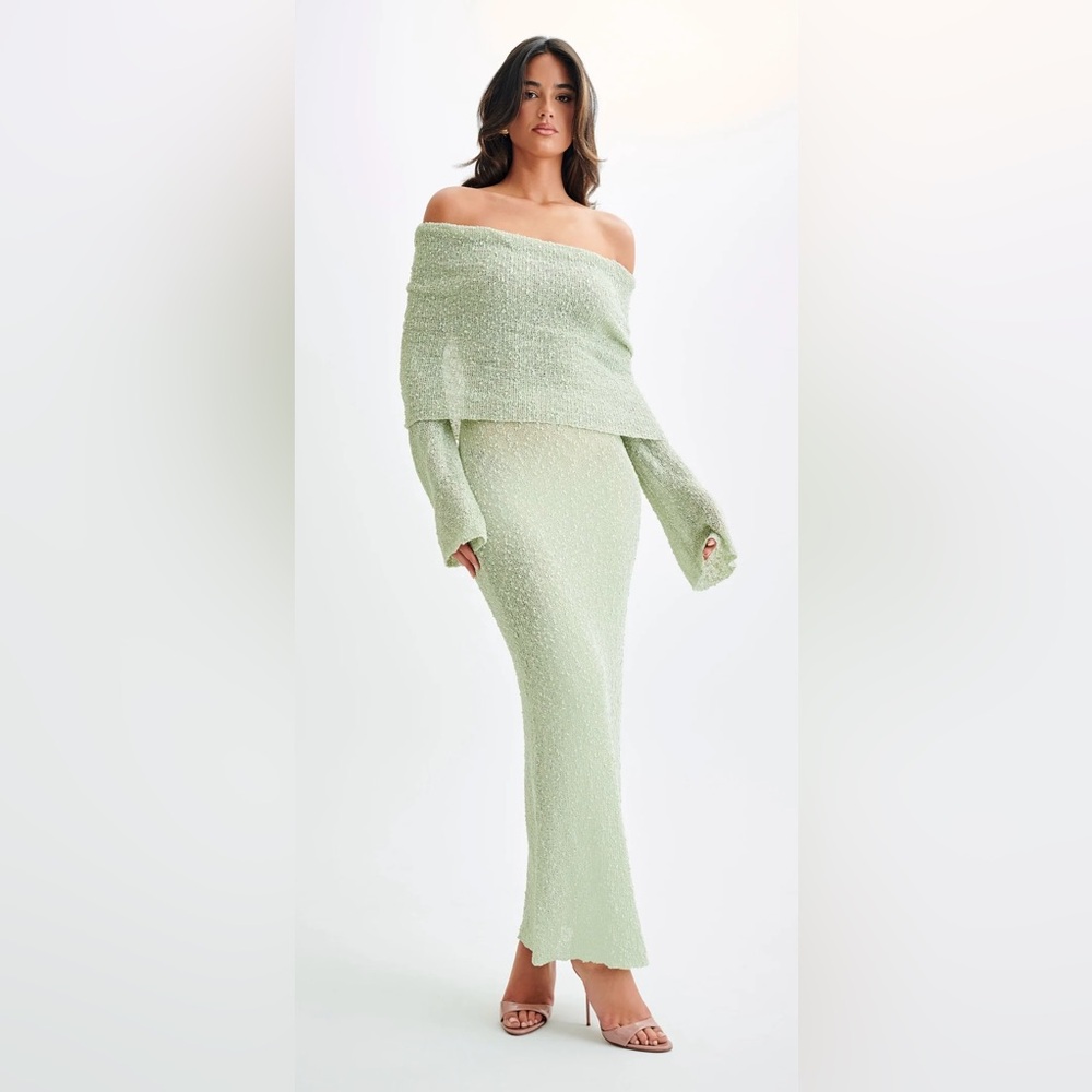 Meshki Marisol Off Shoulder Boucle Maxi Dress - Pastel Green